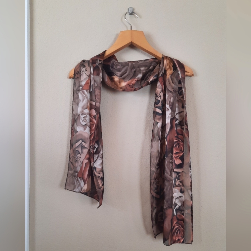 Rose Floral Print Women's Scarf Brown Tan Shimmery Satin 90s